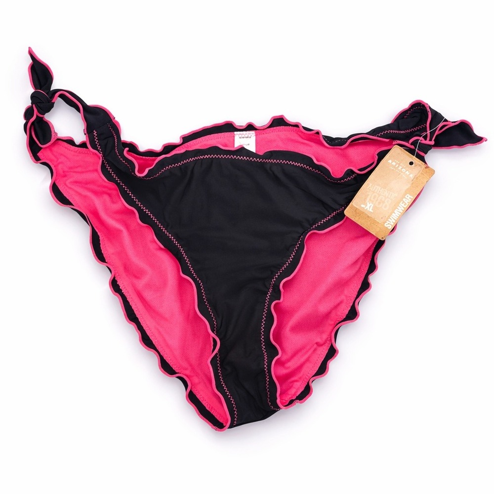 Arizona Bikini Bottom XL Cute Black Pink Ruffle Tie‎ Side Swimsuit NWT